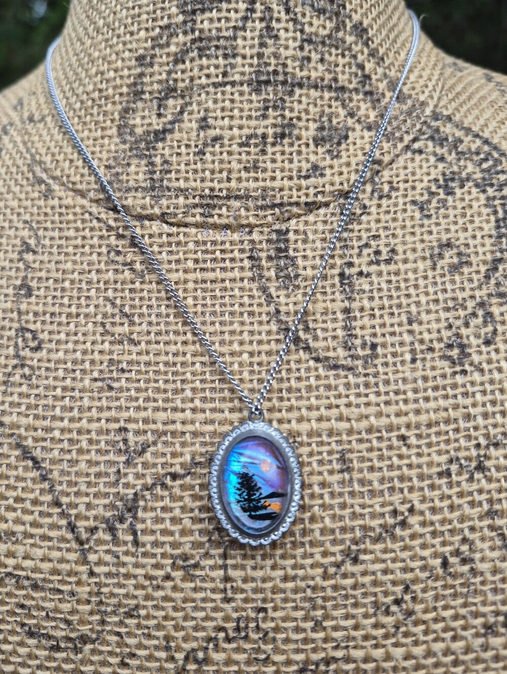 Vintage Morpho Butterfly Reversible Mountain Beach Sunset Pendant Necklace 18" - Picture 6 of 8